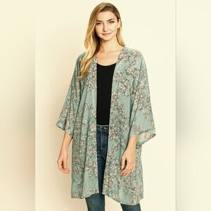 P & Rose Mint Green Floral Lounge Robe Wide Sleeve Sheer Kamono Sz 2XL